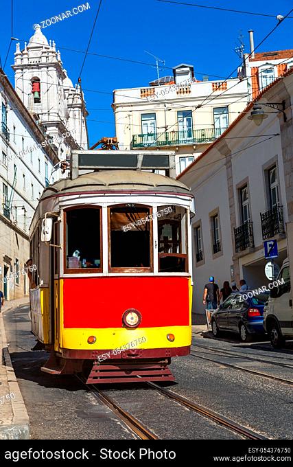 LISBON, PORTUGAL - JULY 30 : Vintage tram in the city center of Lisbon on July 30 2014 in Lisbon, Portugal