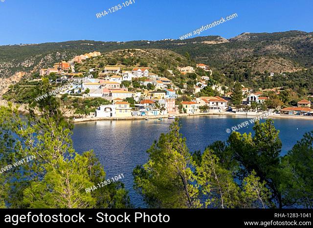 Elevated view over the village of Assos, Kefalonia, Ionian Islands, Greek Islands, Greece, Europe