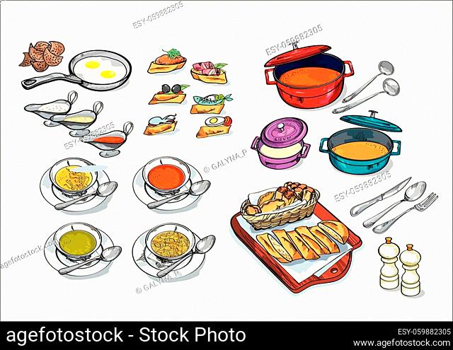 Crockery and dishes, skewers and snacks hand drawn set