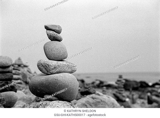 Stacked Stones on Rocky Beach