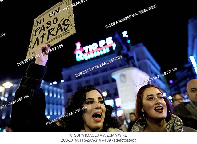 January 15, 2019 - Madrid, Spain - A woman seen chanting slogans while holding a placard saying Not a step back during the protest