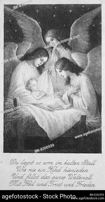 Child Jesus surrounded by angels, souvenir of Holy Communion, ca 1910, Germany, digitally restored reproduction of a 19th century original