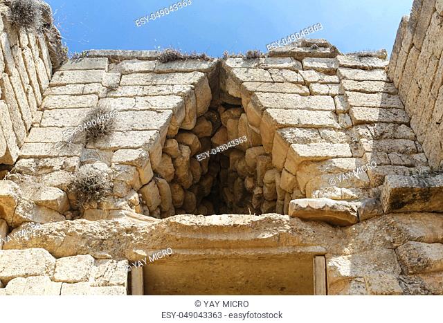 The archaeological site of Mycenae in the Peloponnese with the Lion Gate and Treasury Tombs