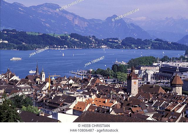central Switzerland, Europe, city, lake, mountains, Lucerne, old town, overview, roofs, Switzerland, Europe, Alps, t