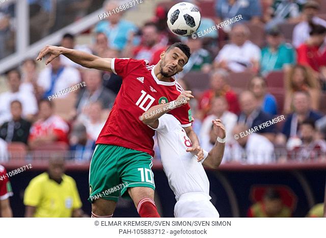 Younes BELHANDA (left, MAR) versus Joao MOUTINHO (POR), action, duels, header duel, Portugal (POR) - Morocco (MAR) 1: 0, preliminary round, group B, game 19