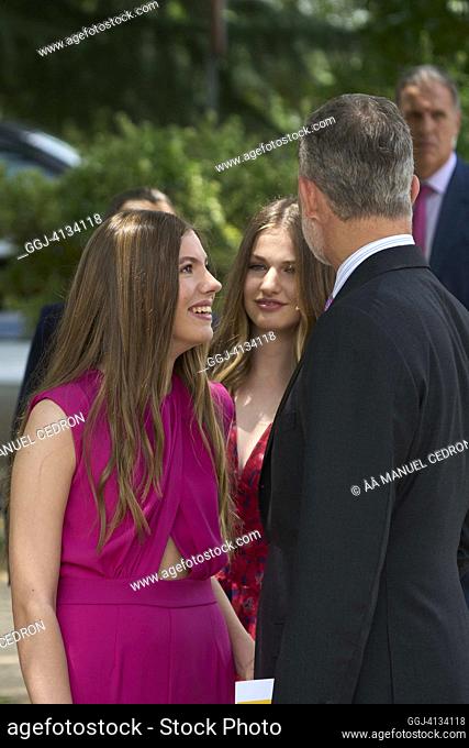 King Felipe VI of Spain, Crown Princess Leonor, Princess Sofia leave after the confirmation of Princess Sofia at 'Asuncion de Nuestra Senora' church on May 25