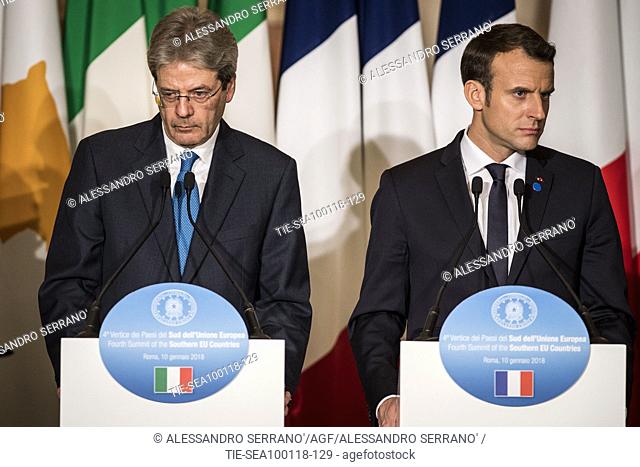 Press conference, Italian Prime Minister Paolo Gentiloni, French President Emmanuel Macron during the Southern European Countries Summit EuroMed 7 in Rome at...