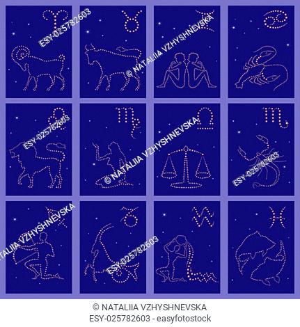 Set of twelve starry silhouettes of Zodiac signs vector illustration
