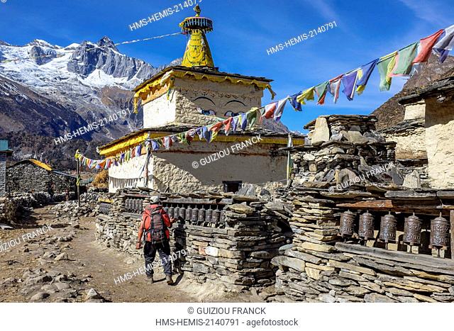 Nepal, Gandaki zone, Manaslu Circuit, between Lho and Samagaon, Samagaon (alt.3520m), buddhist monastery