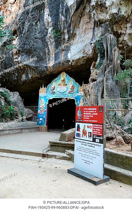 04 March 2019, Thailand, Takua Thung: The entrance to Wat Suwan Kuha, also called Wat Tham (""cave temple""). It belongs to a Buddhist temple complex in the...