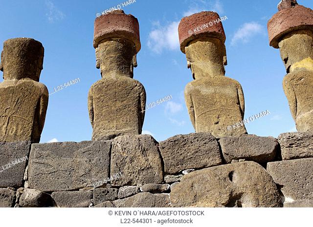 The statues at Ahu Nau Nau still sport their red head-dresse, known as Pukao. These were carved from a separate quarry of red rock