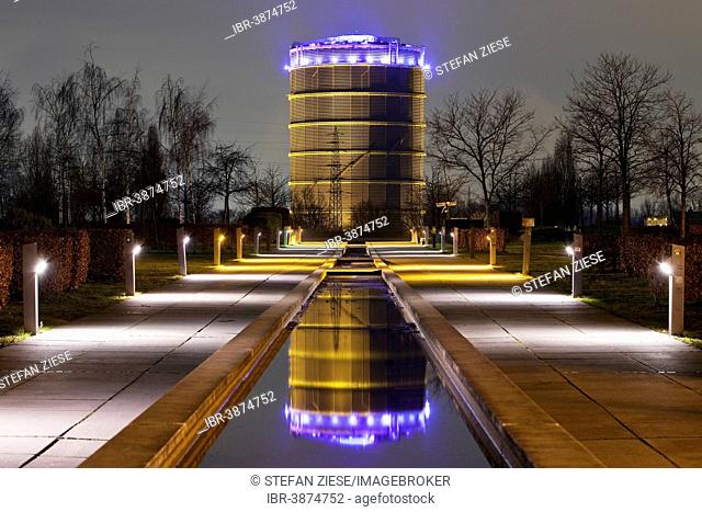 The illuminated Gasometer at dusk, blue hour, Oberhausen, Ruhr Area, North Rhine-Westphalia, Germany