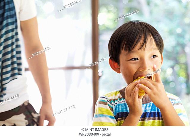 Close up of boy with black hair eating corn on the cob