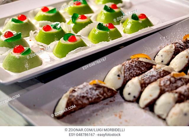 Sicilian cassata and cannoli, a traditional sweet from Sicily, Italy