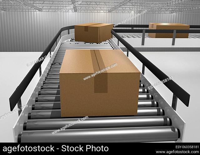 cartons running on a conveyor belt in a warehouse