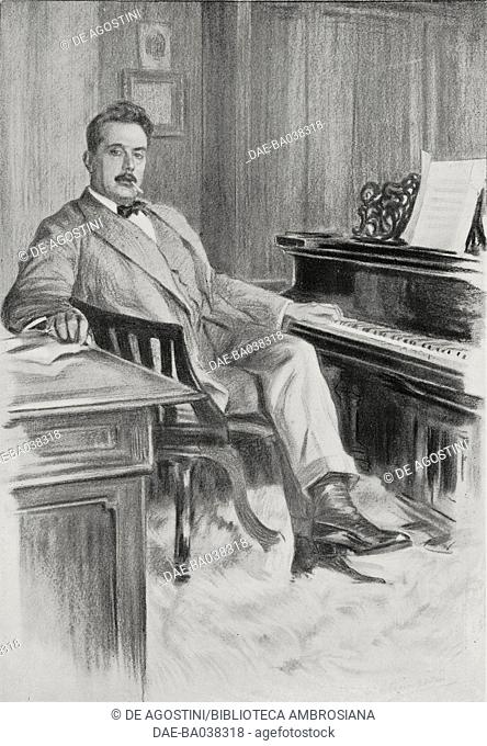 Portrait of Giacomo Puccini (1858-1924), Italian composer, 1910 drawing by Louis Bompard (1879-1953), from L'Illustrazione Italiana, Year XXXVII, No 49