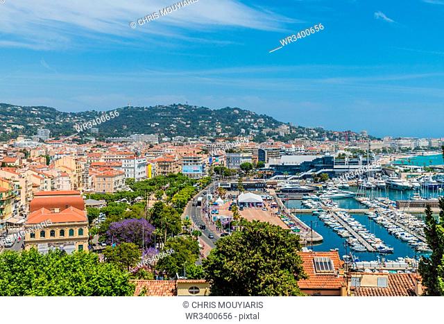 An aerial view over Cannes, Alpes Maritimes, Cote d'Azur, Provence, French Riviera, France, Mediterranean, Europe
