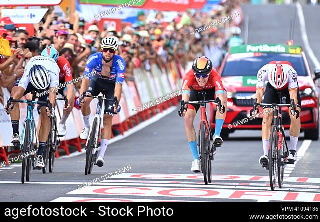 Spanish Jesus Herrada Lopez of Cofidis (R) crosses the finish line to win stage 7 of the 2022 edition of the 'Vuelta a Espana', Tour of Spain cycling race
