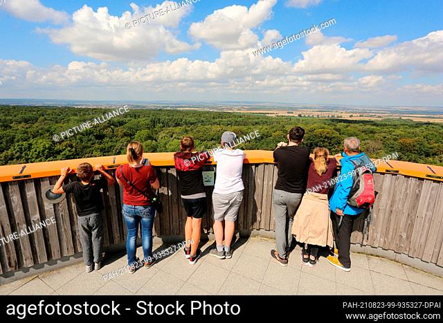 20 August 2021, Thuringia, Bad Langensalza: Visitors enjoy the landscape from the observation tower of the treetop path. From there