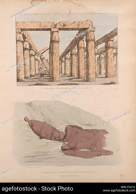 Colossal head discovered in the ruins of Carnak [Karnak] by G. Belzoni (Pl. 28) [bottom]; View of the interior of the temple of Carnak [Karnak] (Pl