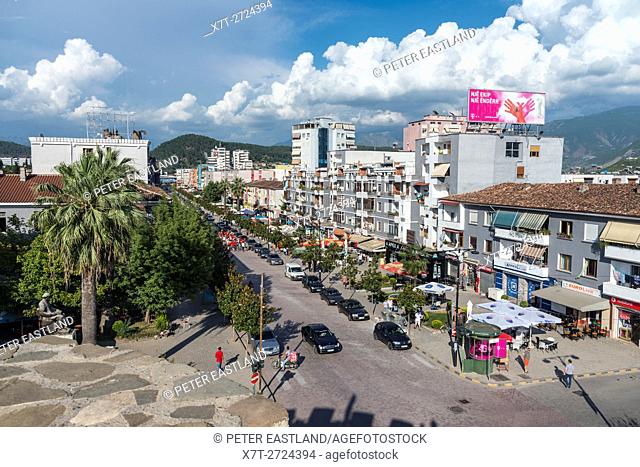 Looking down on the Boulevard Qemal Stafa in the centre of Elbasan, Central Albania,