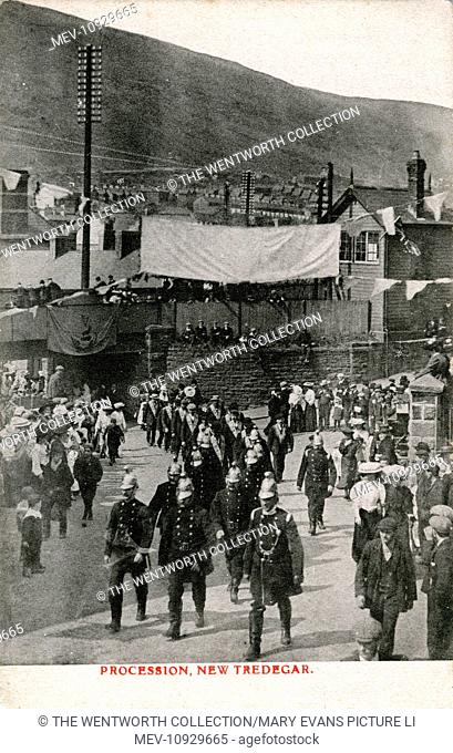 Civic Procession, New Tredegar, near Bargoed, Gwent/Monmouthshire, Wales. Showing Firemen