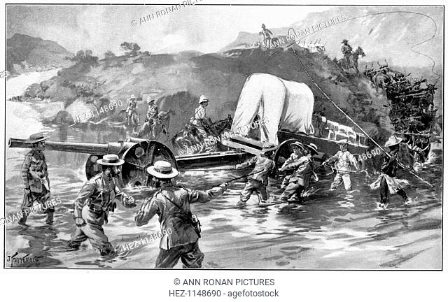 The approach to Ladysmith, 2nd Boer War, 18 January 1900. British forces hauling a 4.7 inch naval gun across the Tugela (Thukela) River 20 miles from Ladysmith