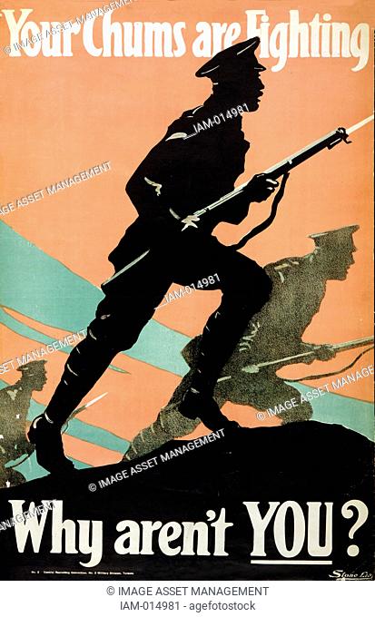 World War I 1914-1918: British Army recruitment poster, 1917. 'Your Chums are Fighting. Why aren't You' Silhouette of soldiers, bayonets drawn