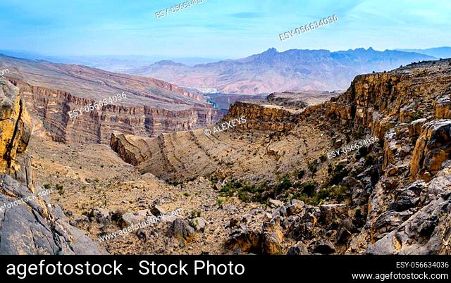 Panoramic view of Wadi Ghul aka Grand Canyon of Arabia in Jebel Shams, Oman