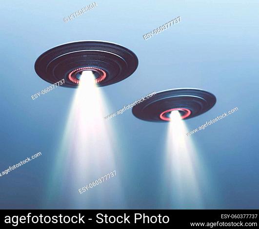 Two UFOs flying in fog with light below. 3D illustration, concept image UFOs on the sky
