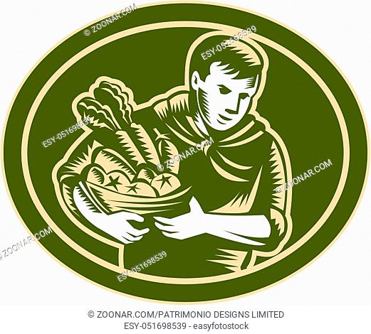 Illustration of male organic farmer gardener horticulturist with basket full of crop harvest, fruits and vegetables set inside oval done in retro woodcut style