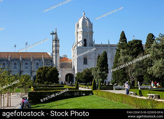 PRODUCTION - 06 April 2023, Portugal, Lissabon: The monastery ""Mosteiro de Jeronimos"" in the district of Belem with the monastery church Santa Maria de Belem