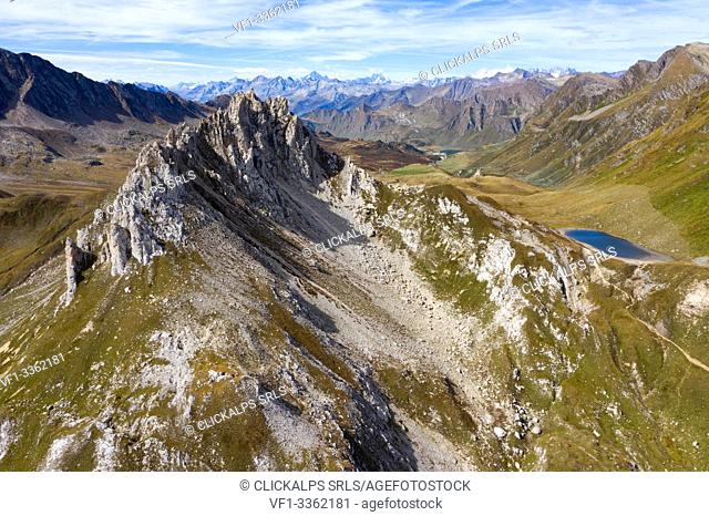 View on the limestone Pizzo Colombe peak in Val di Blenio, Lucomagno Pass, Canton Ticino, Switzerland, Europe