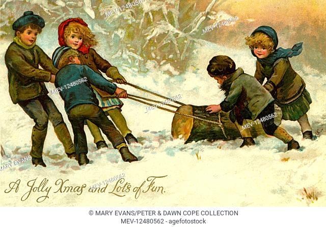 Four young children pulling the Yule log home through the snow. Artist: Anon