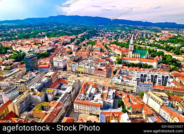 Zagreb historic city center and cathedral aerial view, famous landmarks of capital of Croatia