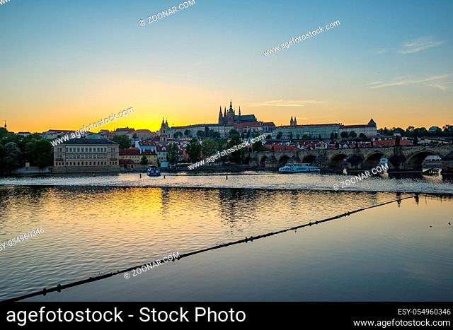 Prague city skyline with Vltava River in Czech Republic