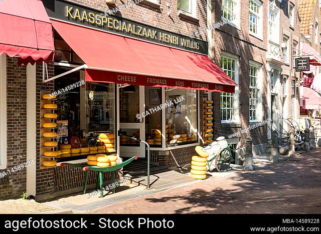 Netherlands, Edam, old town, spui, cheese store, window with cheese wheels