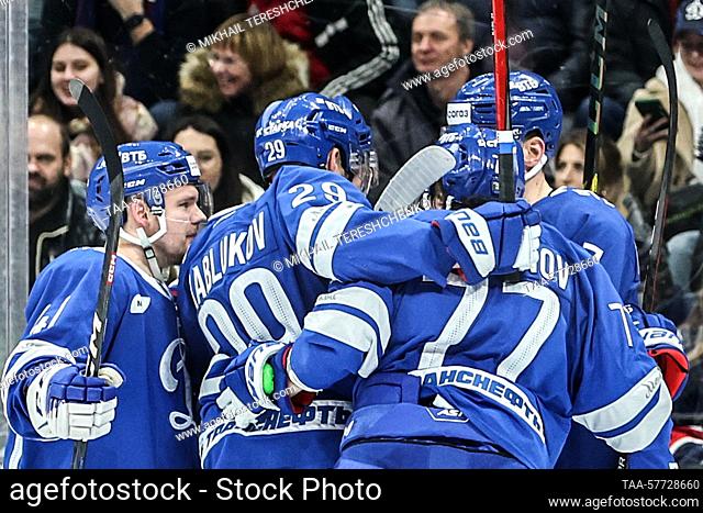 RUSSIA, MOSCOW - MARCH 6, 2023: Dynamo Moscow players celebrate a goal scored against Torpedo Nizhny Novgorod in Leg 3 of their 2022/23 KHL Western Conference...