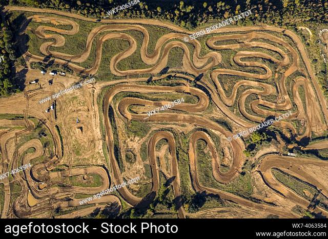 Overhead aerial view of the Cal Teuler motocross circuit, with the curves of the tracks (Bages, Barcelona, Catalonia, Spain)