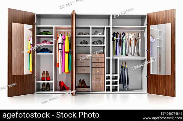 Wardrobe with clothes and accessories isolated on white background. 3D illustration