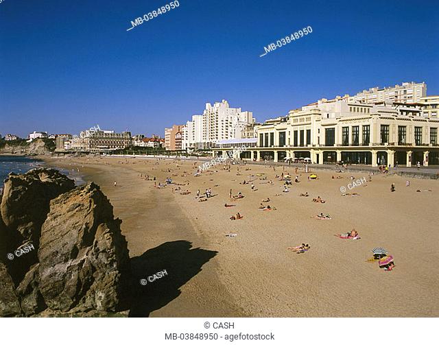 France, Cote d'Argent, Biarritz, Grande nuisance beach Casino Municipal, hotel you palace sea Europe, Basque country, Aquitaine, coast