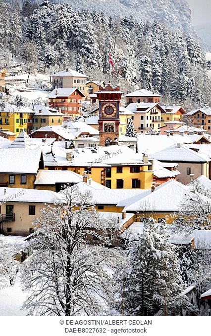 The center of the town, as seen from above, with the bell tower of the church of Saint Sebastian, 19th century, Cavalese, Fiemme Valley, Trentino-Alto Adige