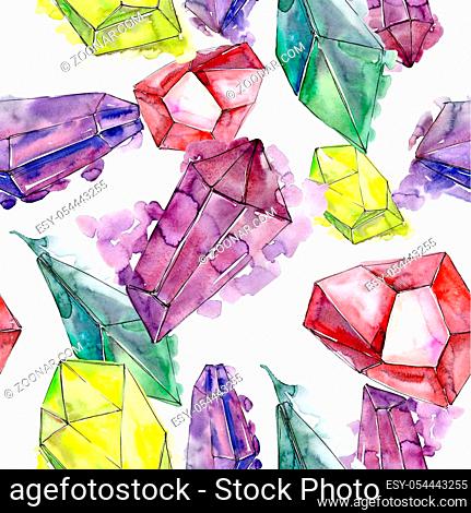 Colorful diamond rock jewelry mineral. Seamless background pattern. Fabric wallpaper print texture. Geometric quartz polygon crystal stone mosaic shape amethyst...