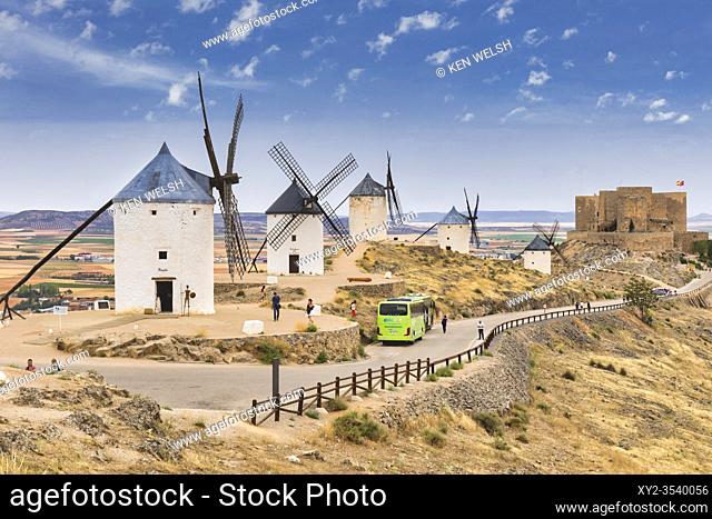 Windmills at Consuegra, Toledo Province, Castilla-La Mancha, Spain. These are similar to the mills described by Miguel de Cervante in his book Don Quixote