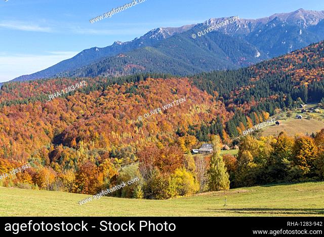 View from Bran Monastery to the Bucegi Mountain Range during autumn, Simon, Romania, Europe