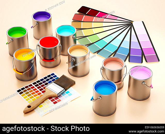 Paint cans, color guides and paintbrush. 3D illustration