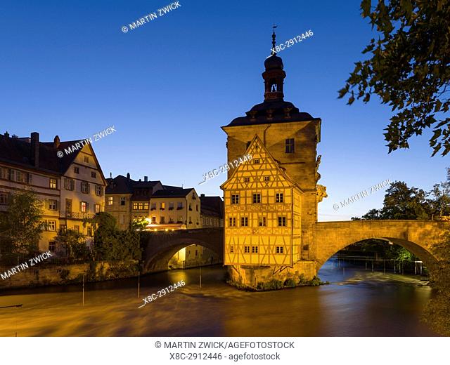 The Alte Rathaus (Old City Hall), the landmark of Bamberg. Bamberg in Franconia, a part of Bavaria. The Old Town is listed as UNESCO World Heritage ""Altstadt...