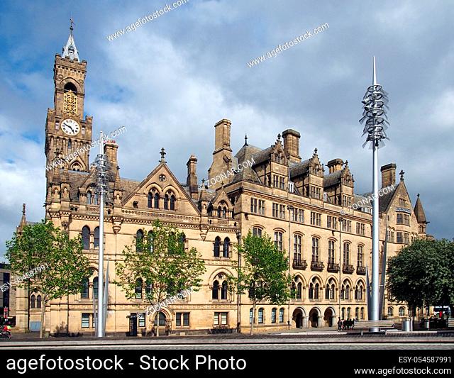 view of bradford city hall in west yorkshire a victorian gothic revival sandstone building with statues and clock tower