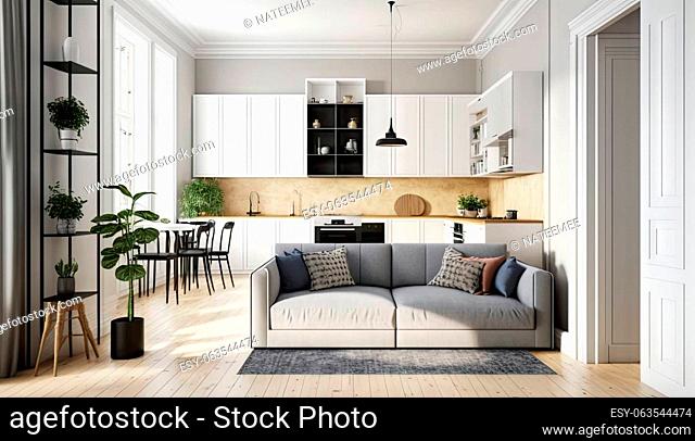 Modern white apartment, living room and kitchen with large window and decoration. Generative AI