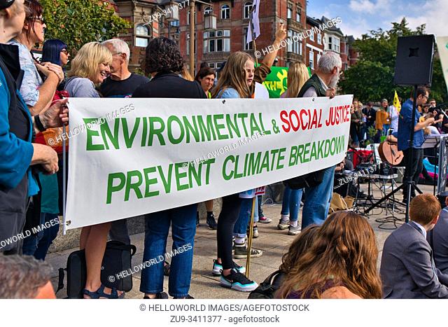 Climate change activists with banner, 20th September global climate strike, Old Market Square, Nottingham, Nottinghamshire, East Midlands, England